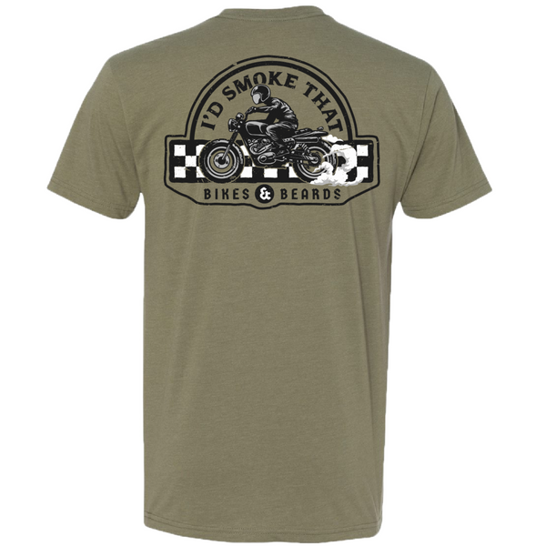 Green short-sleeved t-shirt with a graphic of a motorcycle doing a burnout and text that reads 'I'd Smoke That'.