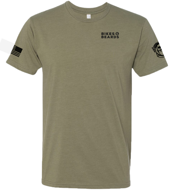 Olive green t-shirt with black text and logos on a white background